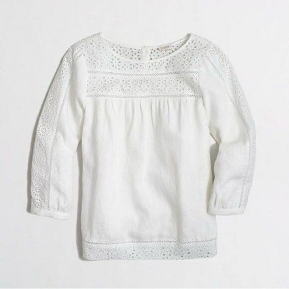 J.Crew White Linen Blouse, Eyelet Shirt, Boho Top, Size 0 - Picture 1 of 10